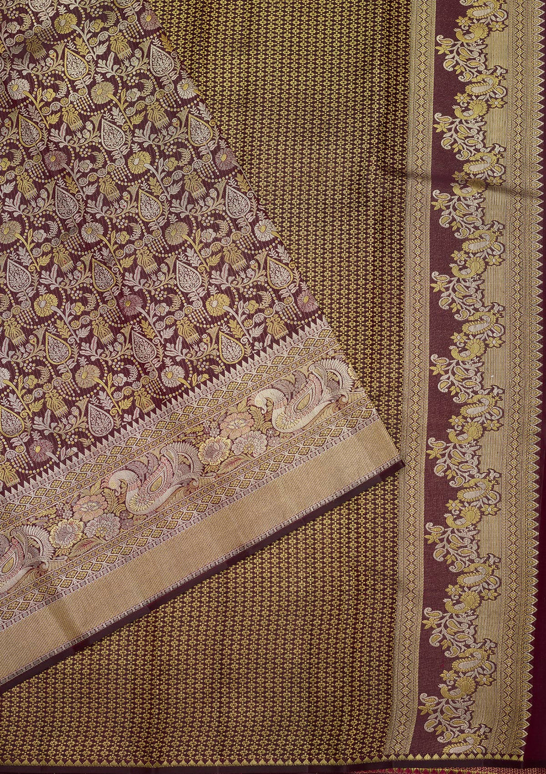 Wine Silk Jaal Gold Zariwork Saree With Matching Blouse Piece