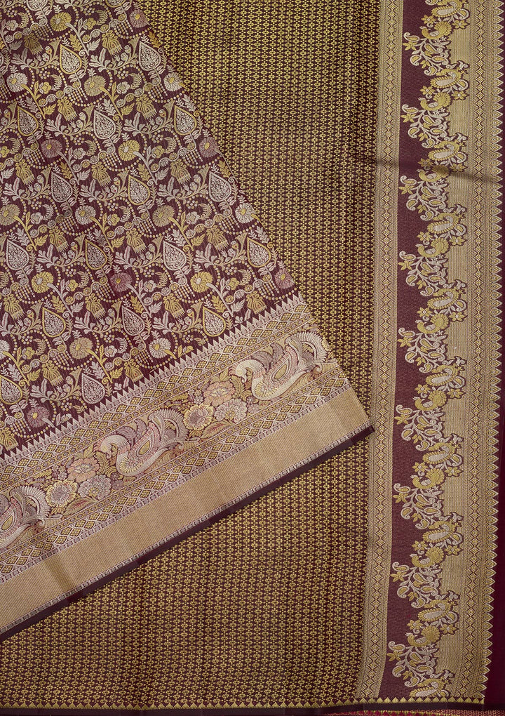 Wine Silk Jaal Gold Zariwork Saree With Matching Blouse Piece