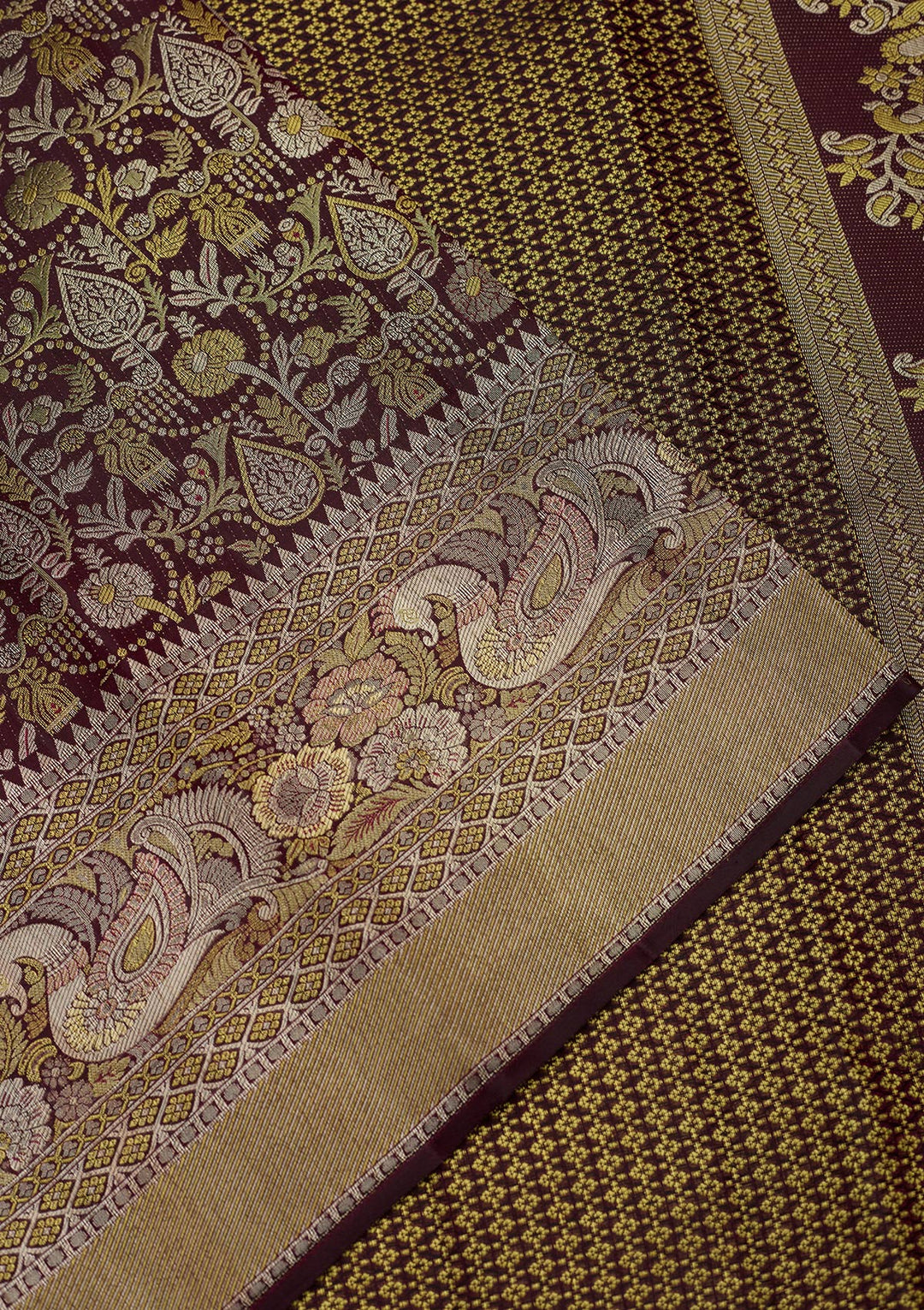 Wine Silk Jaal Gold Zariwork Saree With Matching Blouse Piece