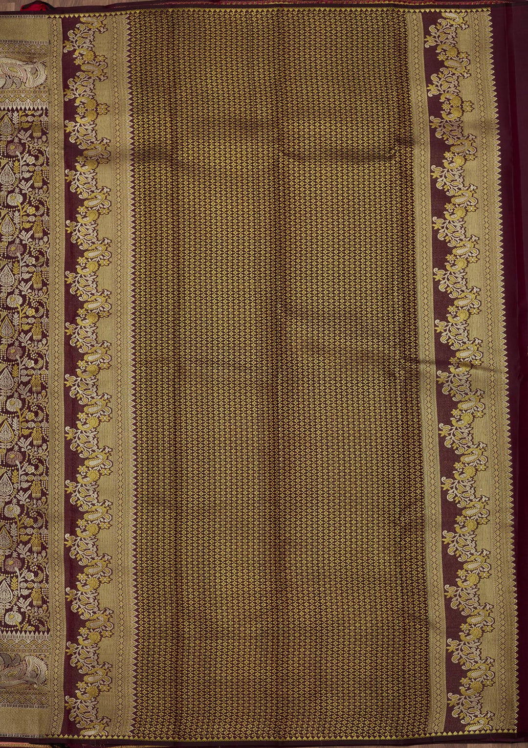 Wine Silk Jaal Gold Zariwork Saree With Matching Blouse Piece