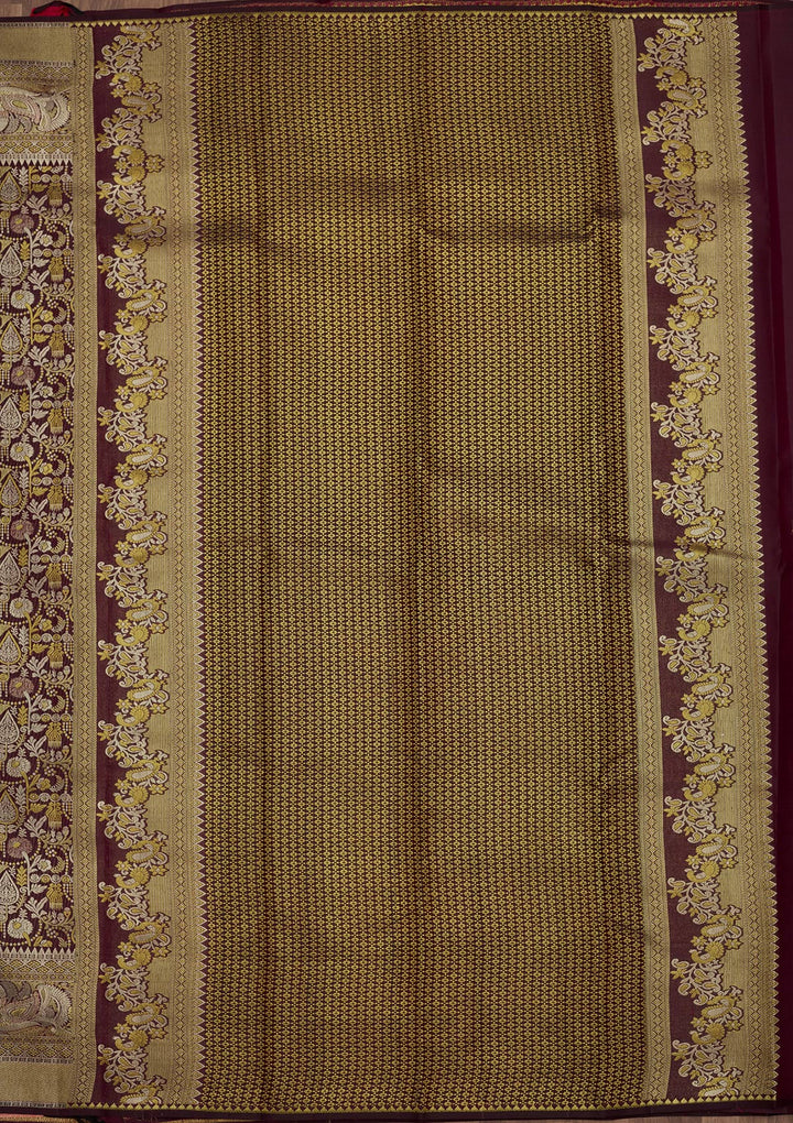 Wine Silk Jaal Gold Zariwork Saree With Matching Blouse Piece