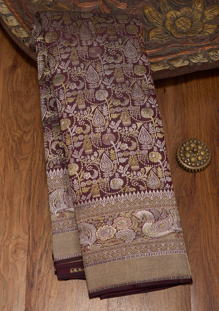 Wine Silk Jaal Gold Zariwork Saree With Matching Blouse Piece