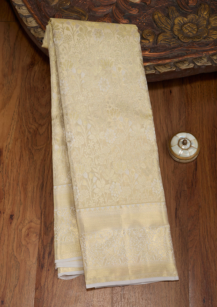 White Silk Jaal Gold Zariwork Saree With Matching Blouse Piece