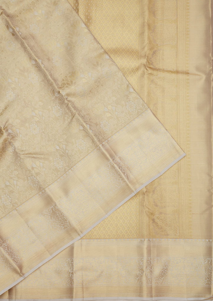 White Silk Jaal Gold Zariwork Saree With Matching Blouse Piece