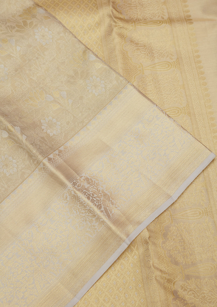 White Silk Jaal Gold Zariwork Saree With Matching Blouse Piece