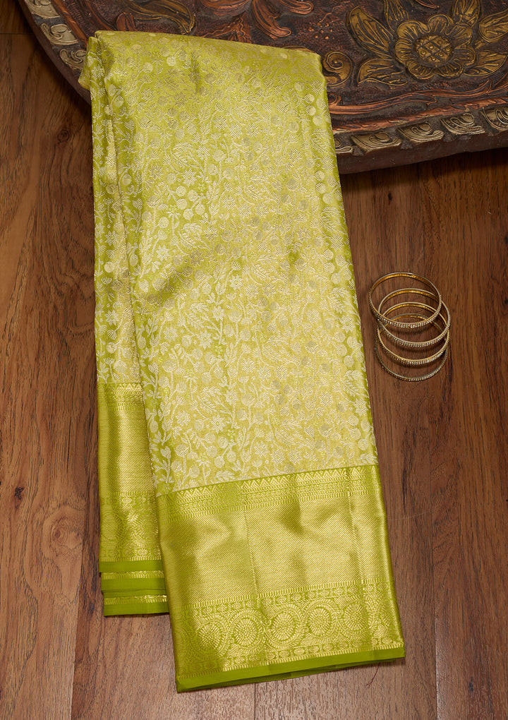 Lime Green Silk Jaal Gold Zariwork Saree With Matching Blouse Piece