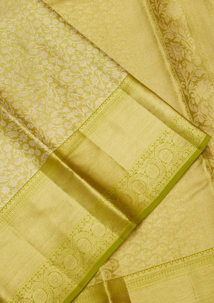 Lime Green Silk Jaal Gold Zariwork Saree With Matching Blouse Piece