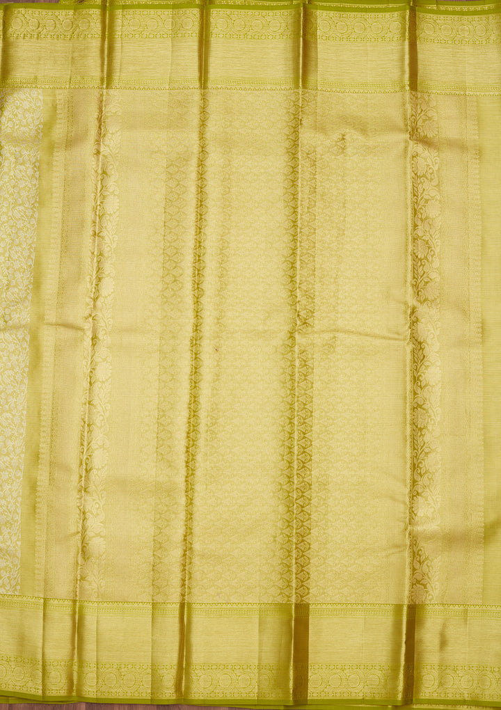 Lime Green Silk Jaal Gold Zariwork Saree With Matching Blouse Piece