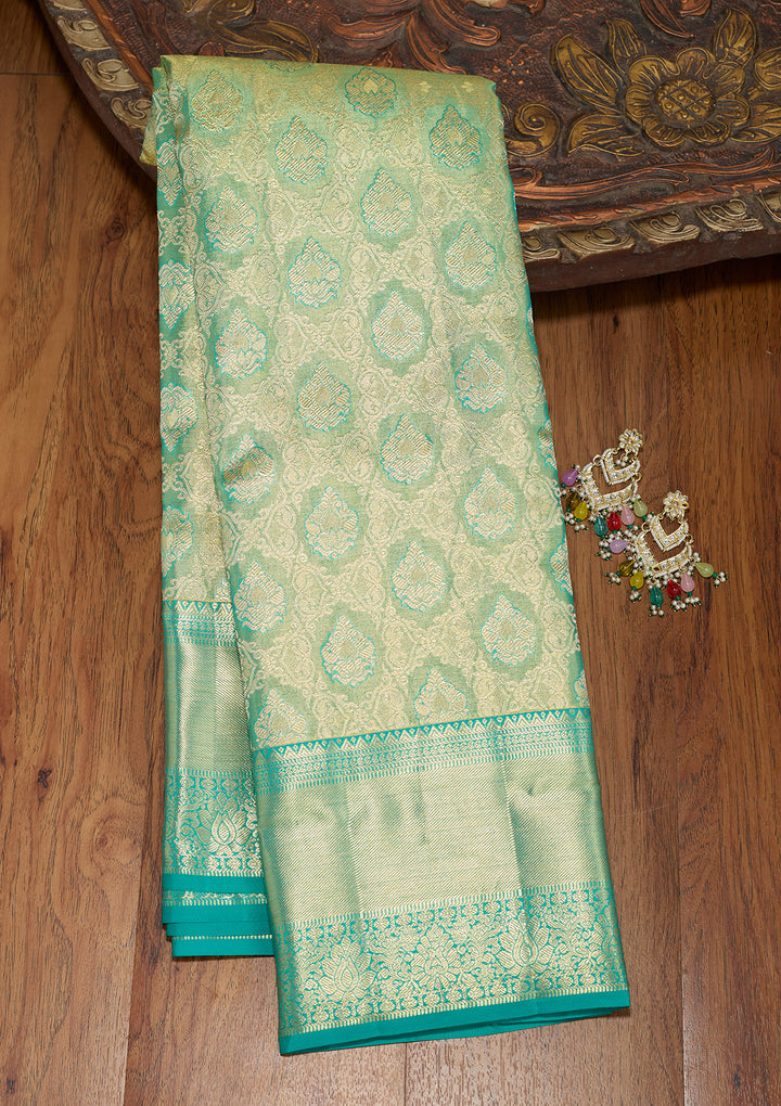 Sea Green Silk Jaal Gold Zariwork Saree With Matching Blouse Piece