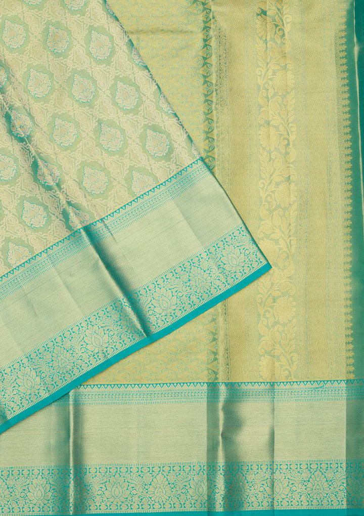 Sea Green Silk Jaal Gold Zariwork Saree With Matching Blouse Piece
