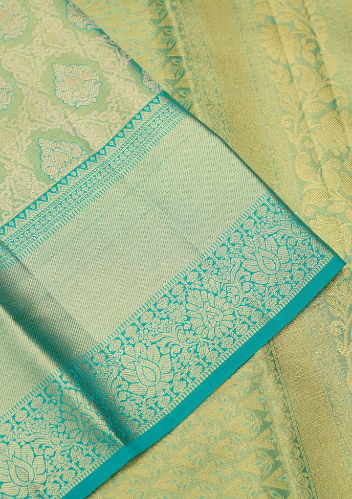 Sea Green Silk Jaal Gold Zariwork Saree With Matching Blouse Piece