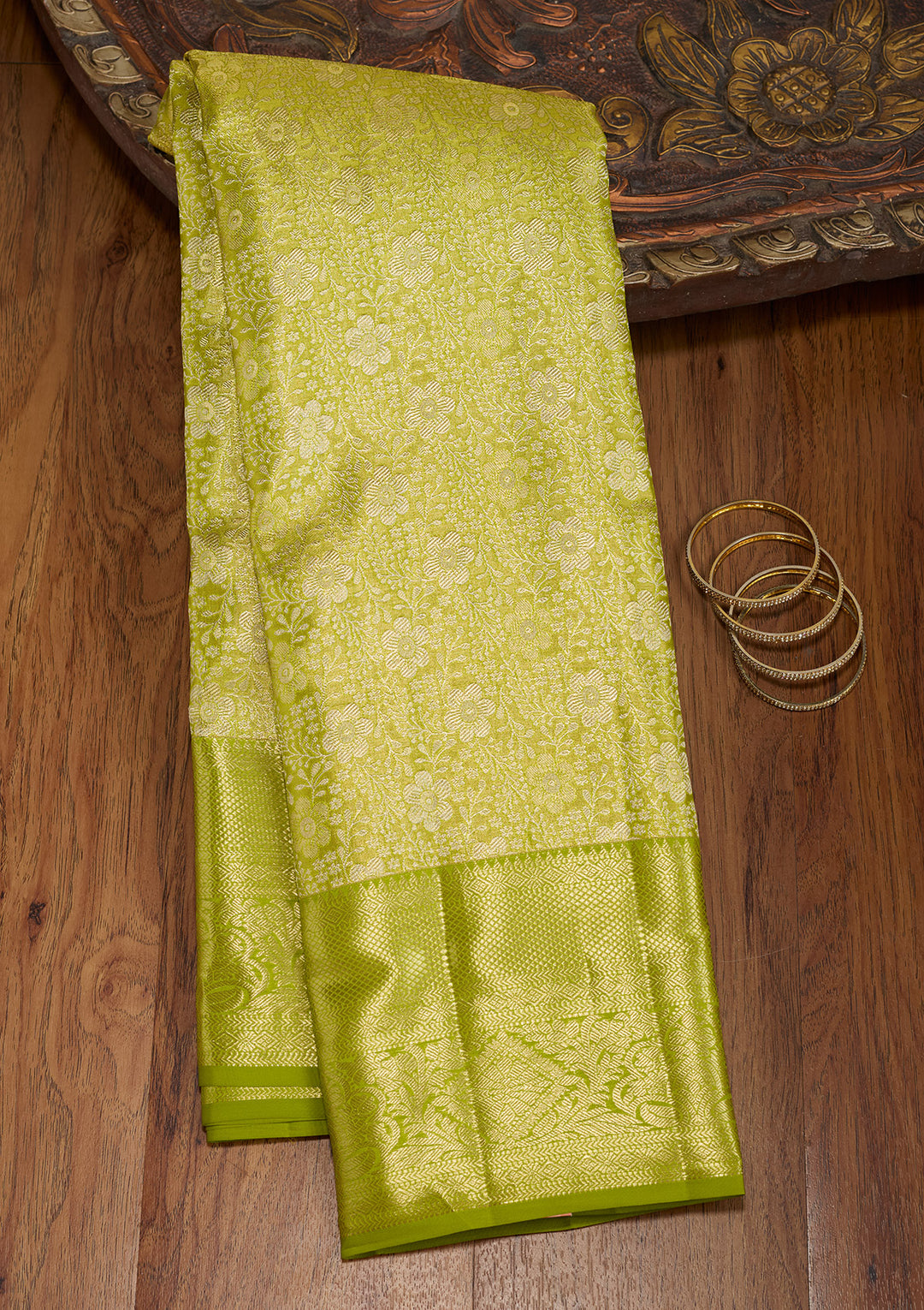 Lime Green Silk Jaal Gold Zariwork Saree With Matching Blouse Piece
