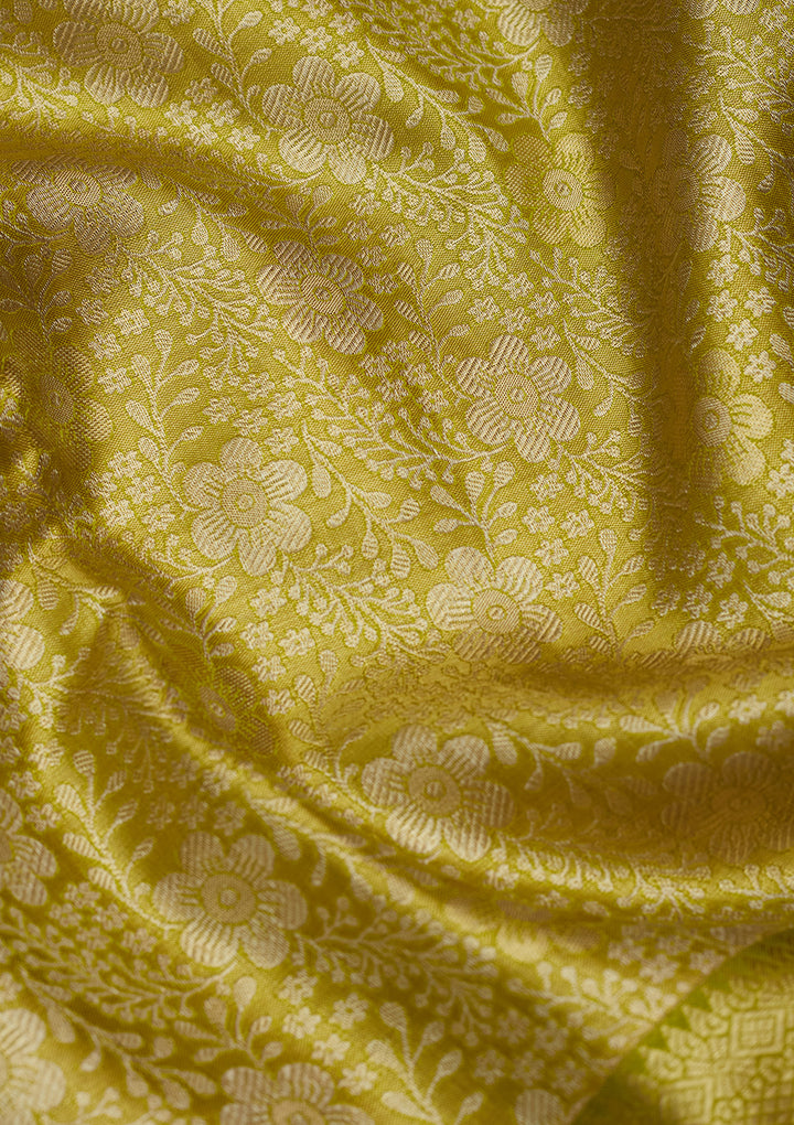 Lime Green Silk Jaal Gold Zariwork Saree With Matching Blouse Piece