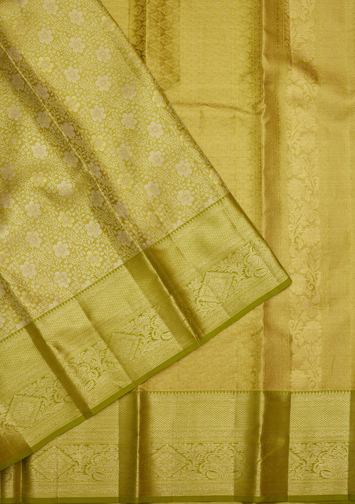 Lime Green Silk Jaal Gold Zariwork Saree With Matching Blouse Piece