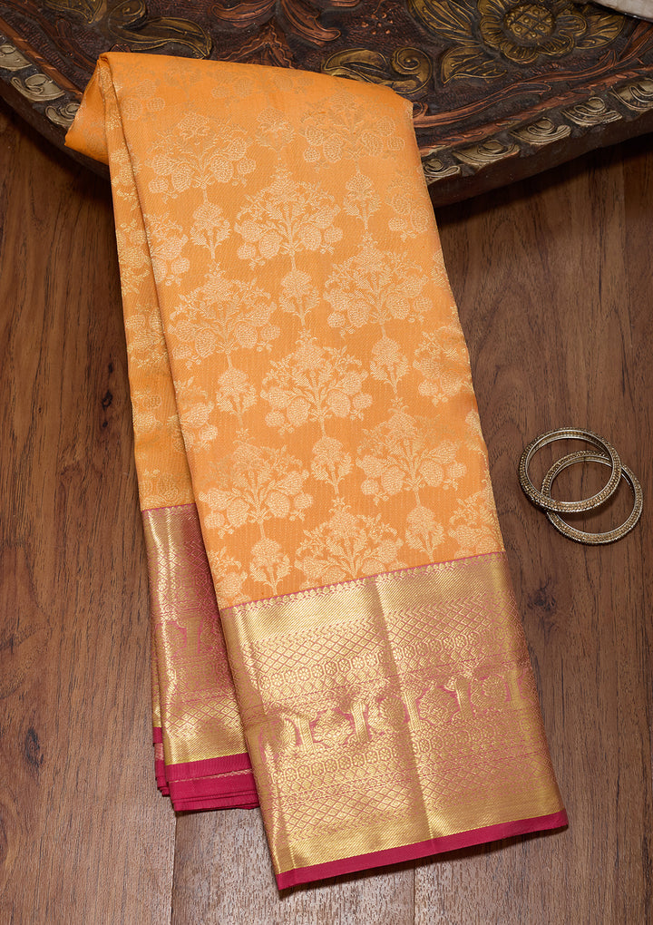 Orange Pure Silk Jaal Saree With Matching Blouse Piece