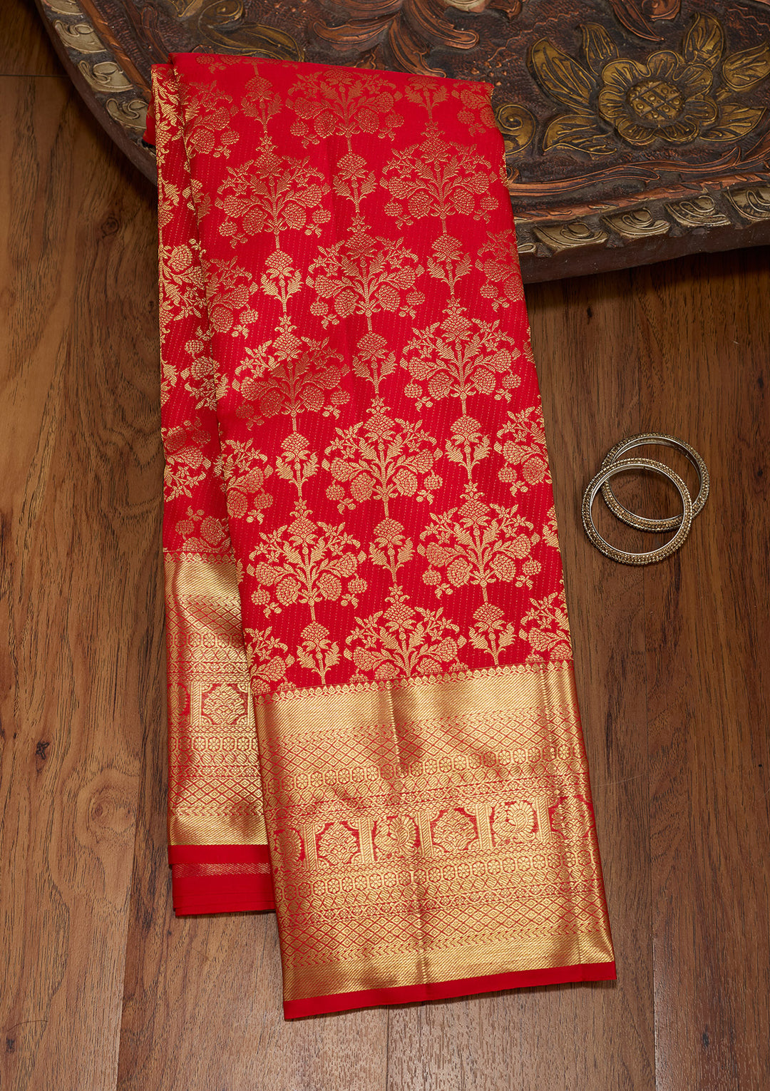 Red Silk Jaal Gold Zariwork Saree With Matching Blouse Piece