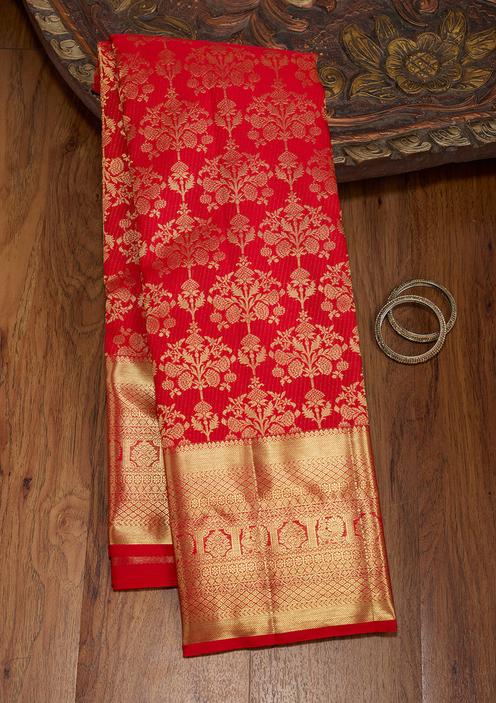 Red Silk Jaal Gold Zariwork Saree With Matching Blouse Piece