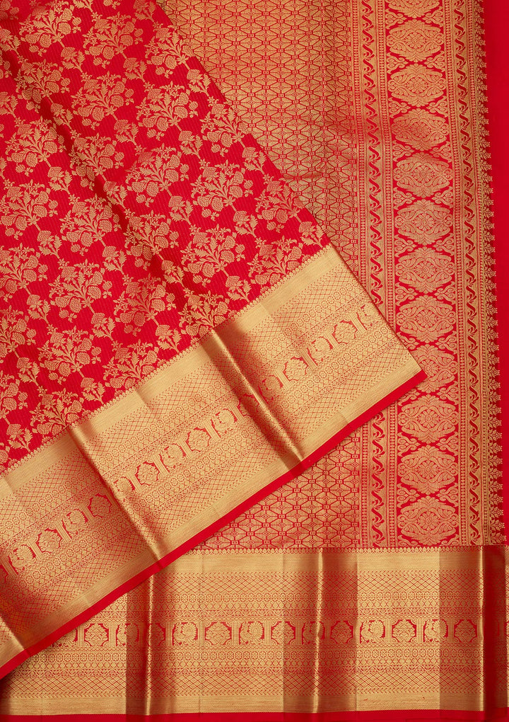 Red Silk Jaal Gold Zariwork Saree With Matching Blouse Piece
