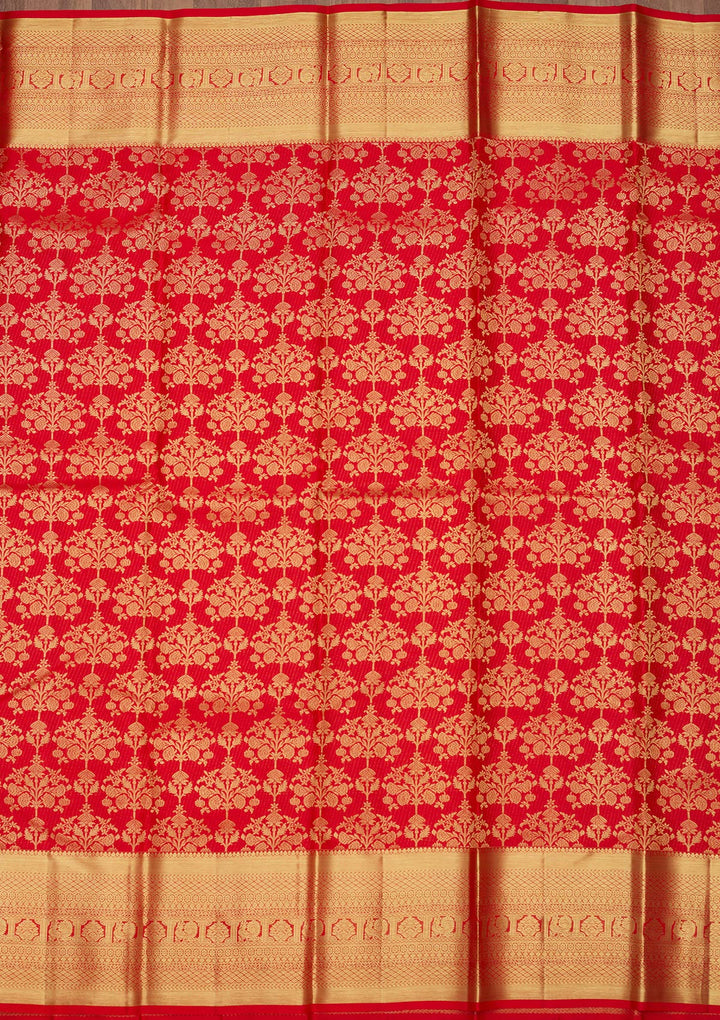 Red Silk Jaal Gold Zariwork Saree With Matching Blouse Piece