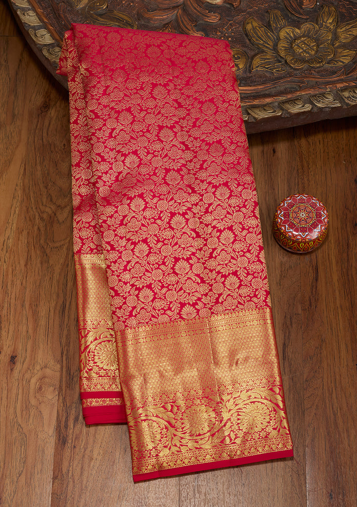 Rani Pink Silk Jaal Gold Zariwork Saree With Matching Blouse Piece