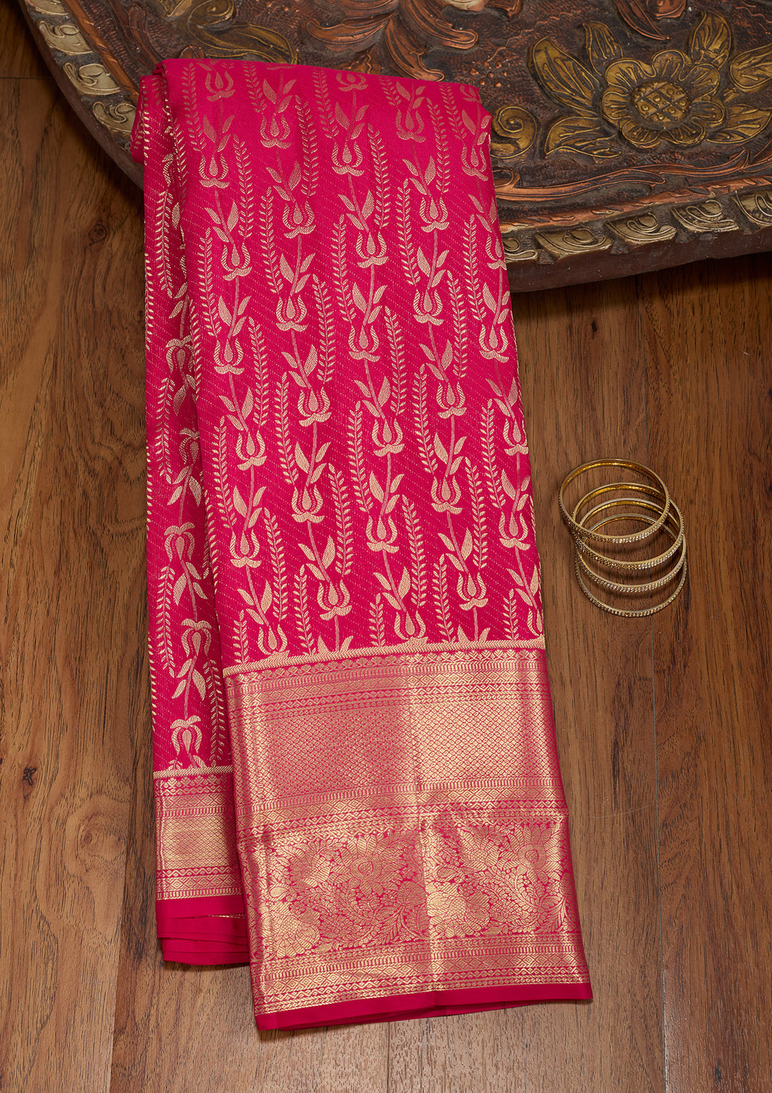 Rani Pink Silk Jaal Gold Zariwork Saree With Matching Blouse Piece