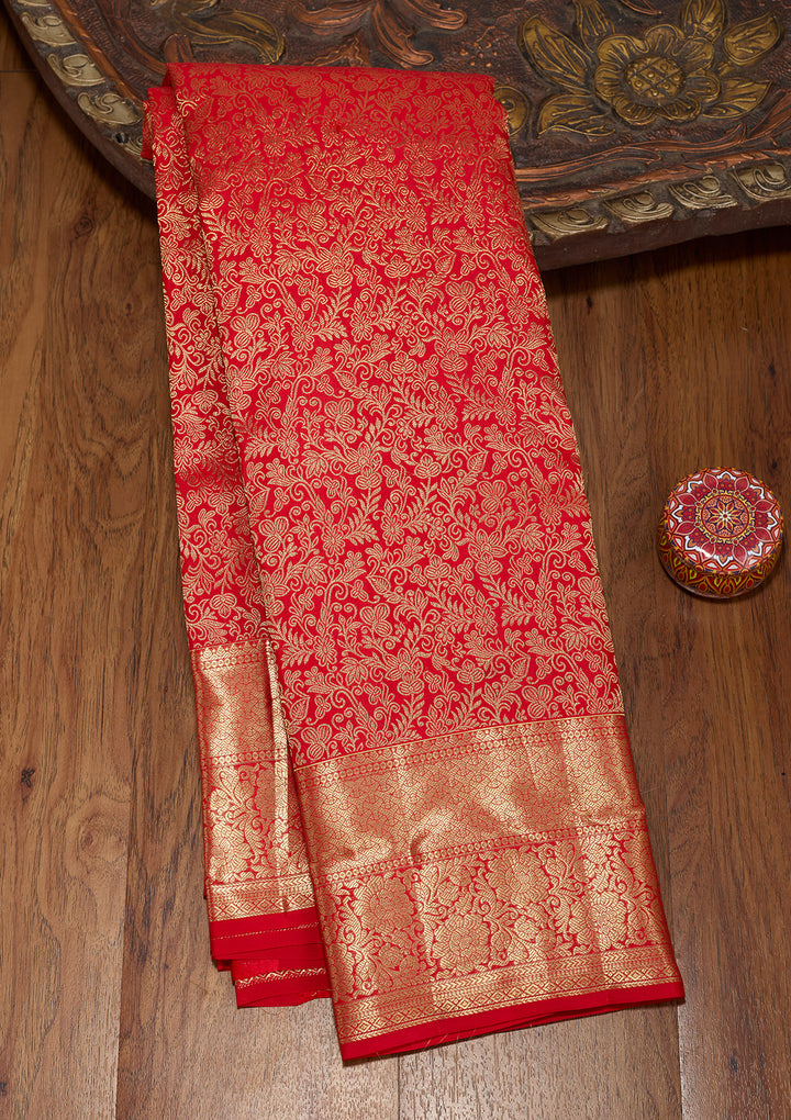 Red Silk Jaal Gold Zariwork Saree With Matching Blouse Piece