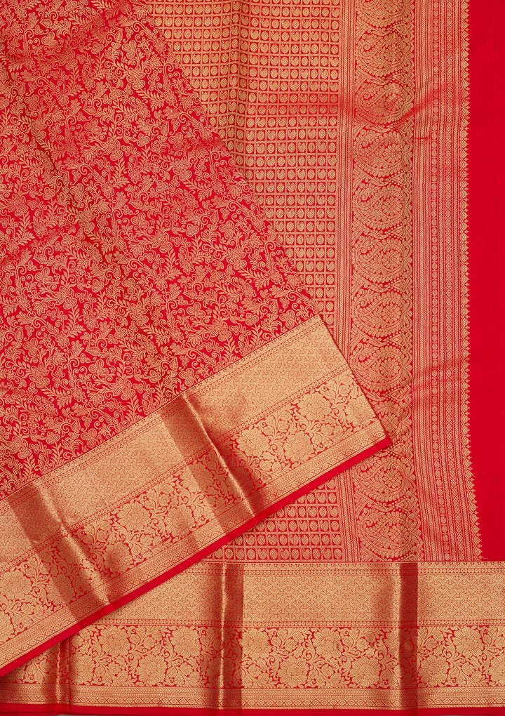 Red Silk Jaal Gold Zariwork Saree With Matching Blouse Piece