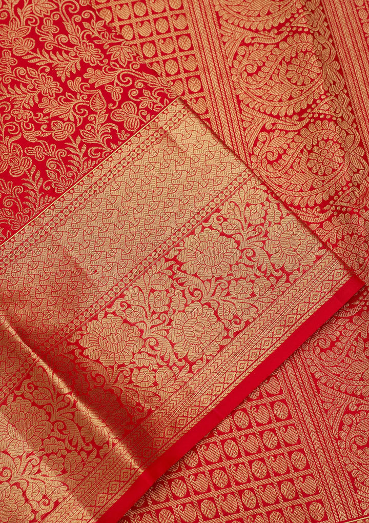 Red Silk Jaal Gold Zariwork Saree With Matching Blouse Piece