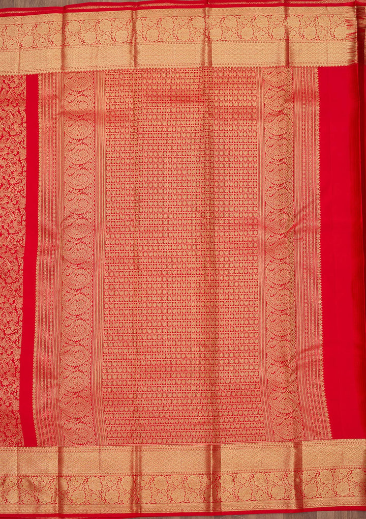 Red Silk Jaal Gold Zariwork Saree With Matching Blouse Piece