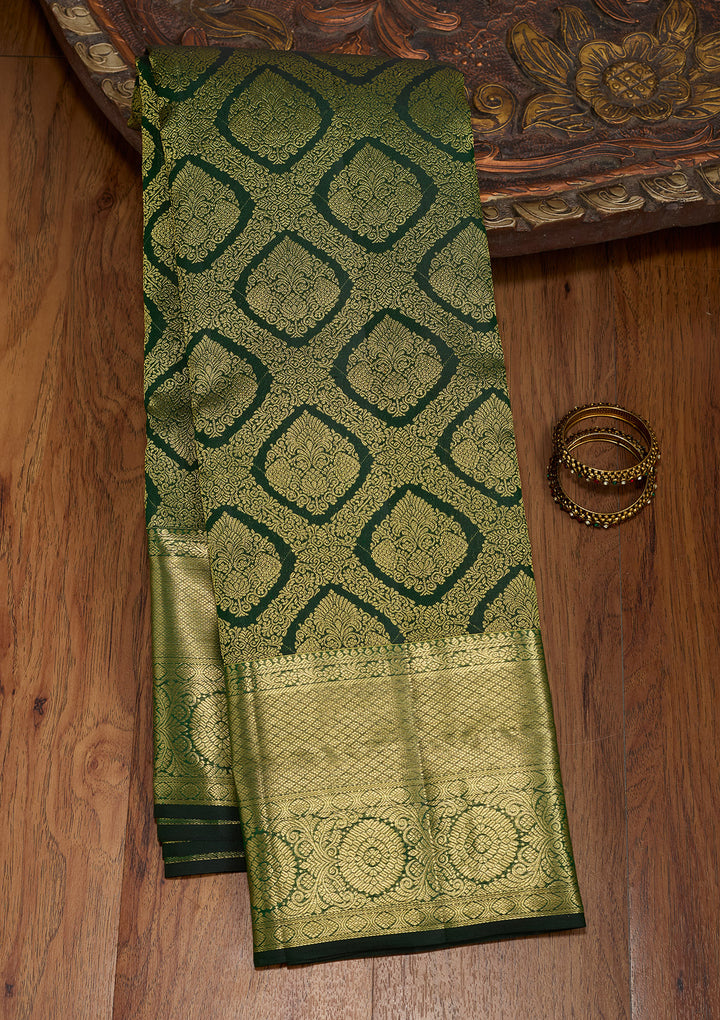 Bottle Green Silk Jaal Gold Zariwork Saree With Matching Blouse Piece