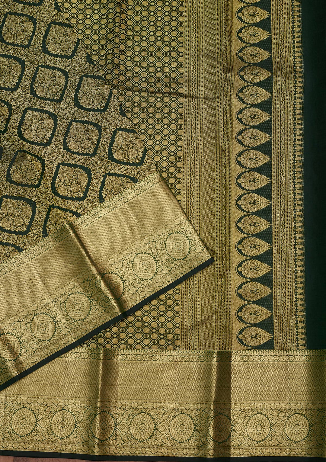 Bottle Green Silk Jaal Gold Zariwork Saree With Matching Blouse Piece