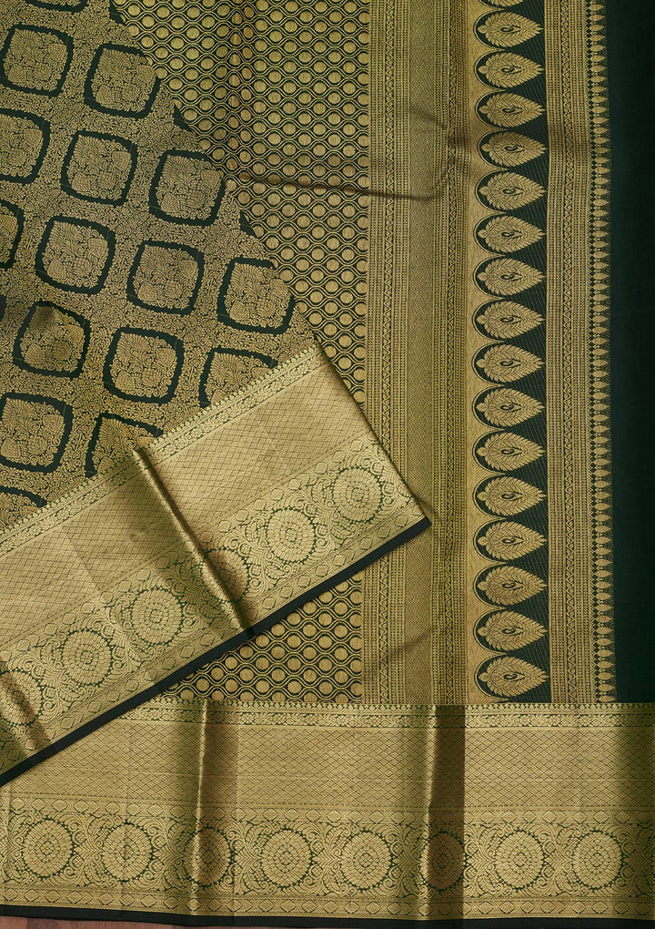Bottle Green Silk Jaal Gold Zariwork Saree With Matching Blouse Piece