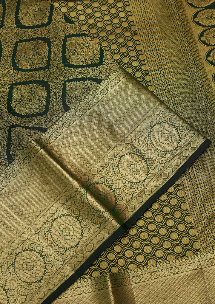 Bottle Green Silk Jaal Gold Zariwork Saree With Matching Blouse Piece