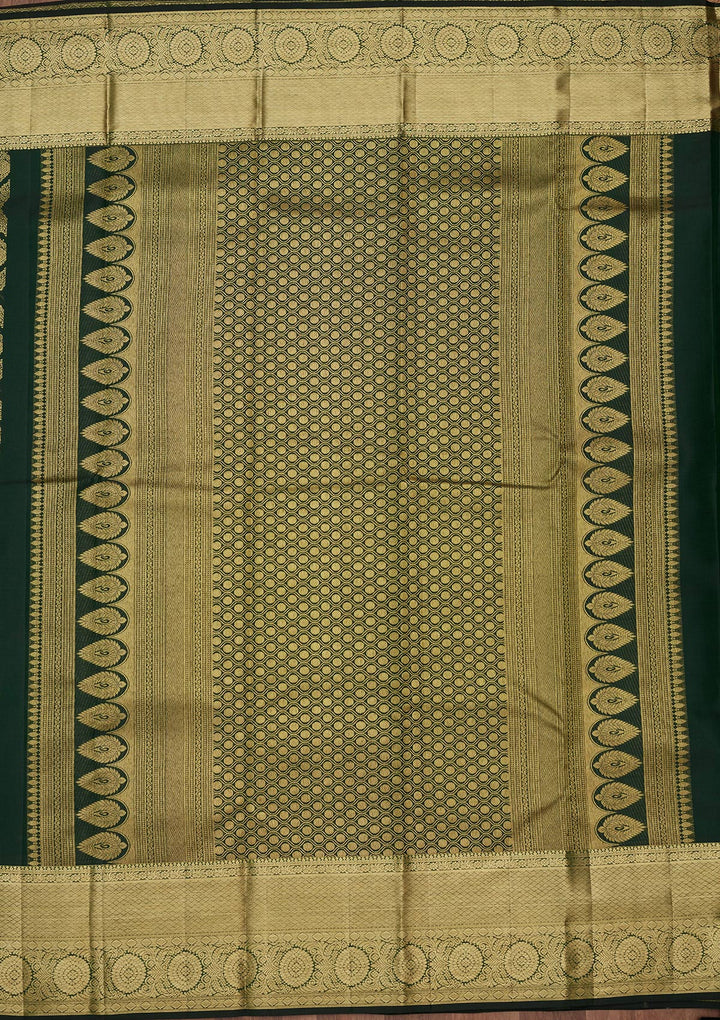 Bottle Green Silk Jaal Gold Zariwork Saree With Matching Blouse Piece