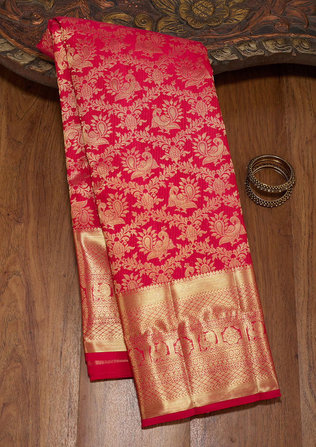 Rani Pink Silk Jaal Saree With Matching Blouse Piece