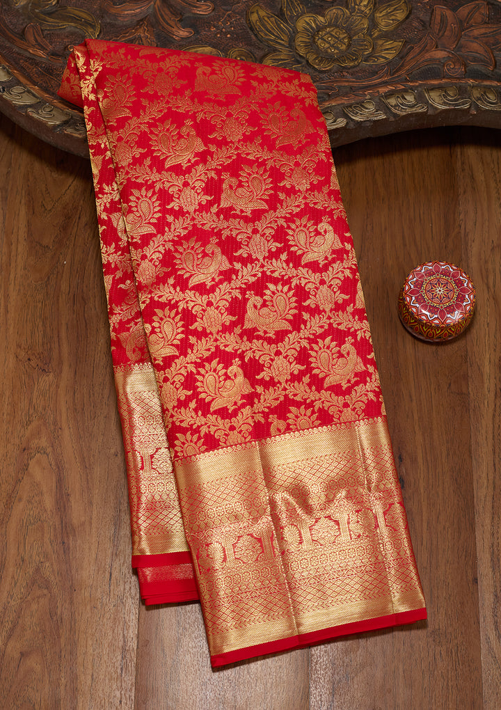 Red Silk Jaal Saree With Matching Blouse Piece