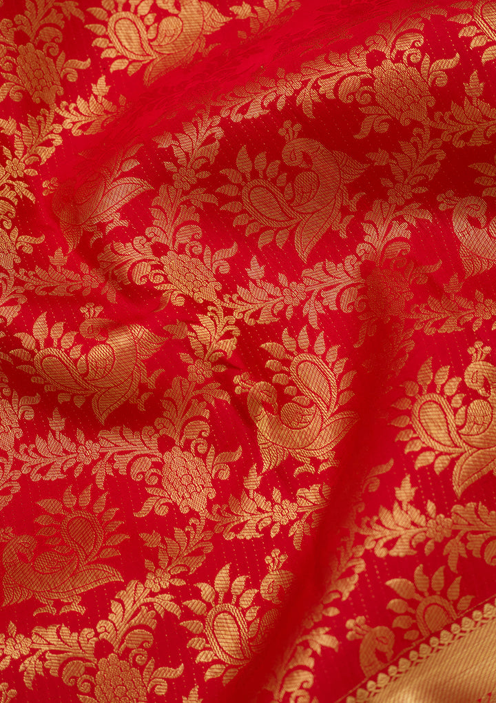 Red Silk Jaal Saree With Matching Blouse Piece