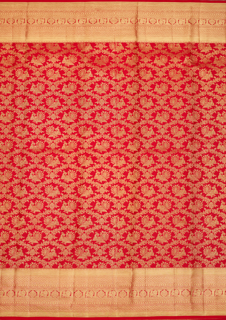 Red Silk Jaal Saree With Matching Blouse Piece