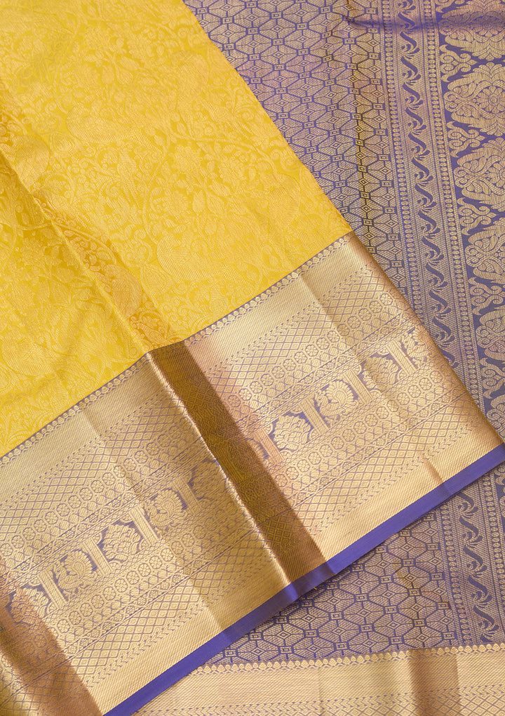 Yellow Silk Jaal Saree With Matching Blouse Piece