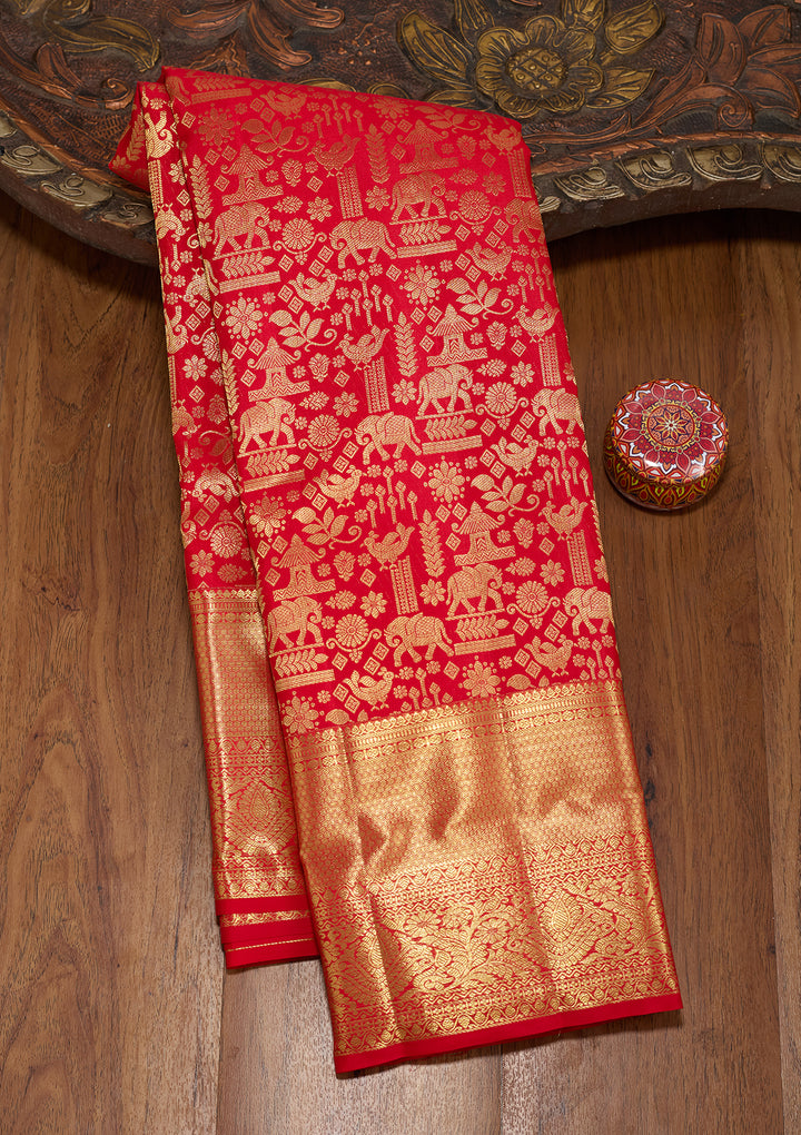 Red Silk Jaal Saree With Matching Blouse Piece