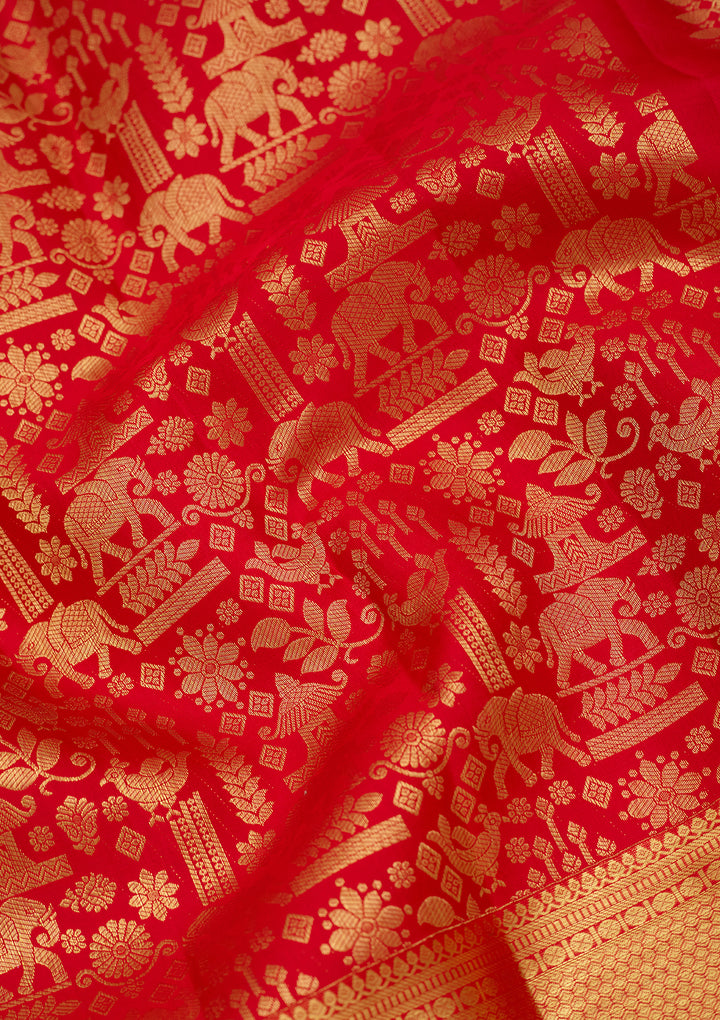 Red Silk Jaal Saree With Matching Blouse Piece
