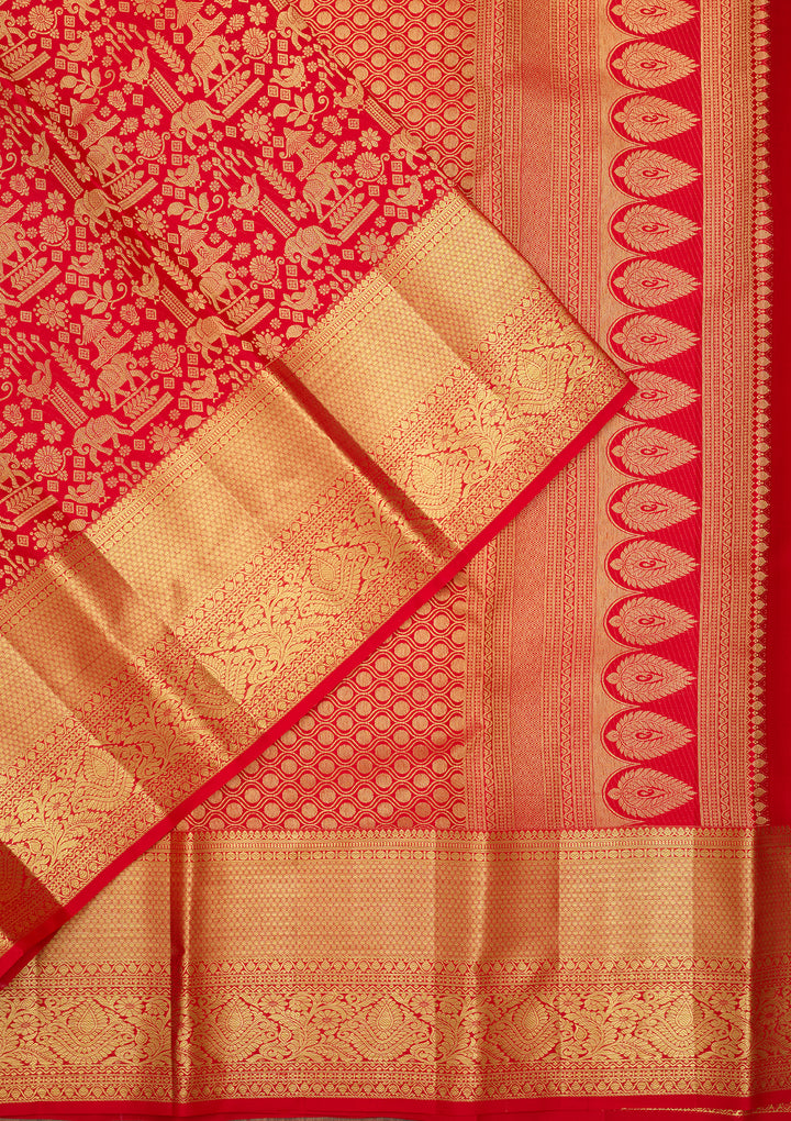 Red Silk Jaal Saree With Matching Blouse Piece