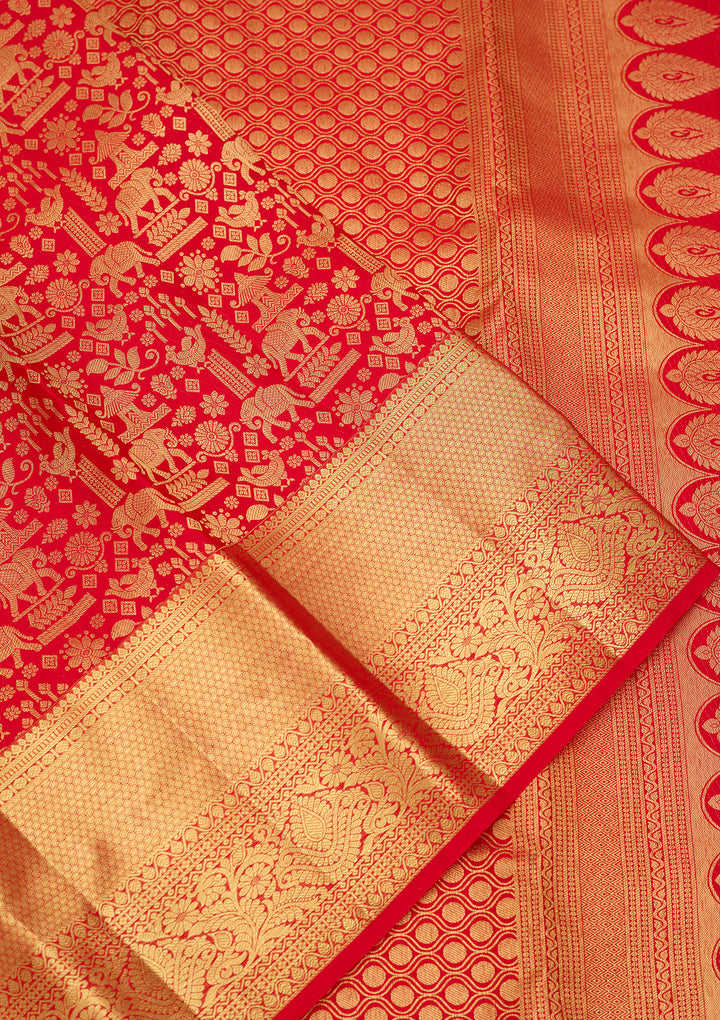 Red Silk Jaal Saree With Matching Blouse Piece