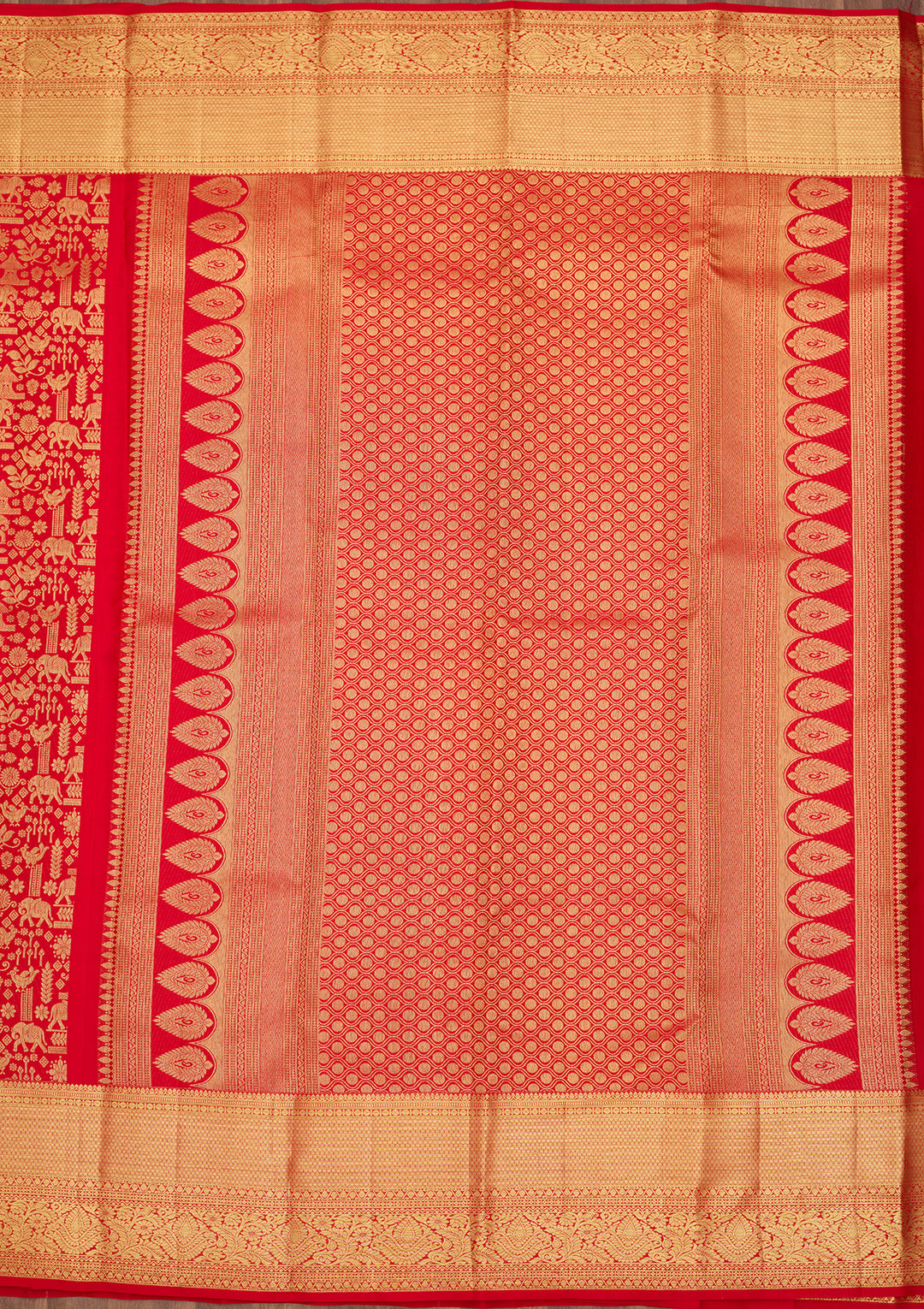 Red Silk Jaal Saree With Matching Blouse Piece