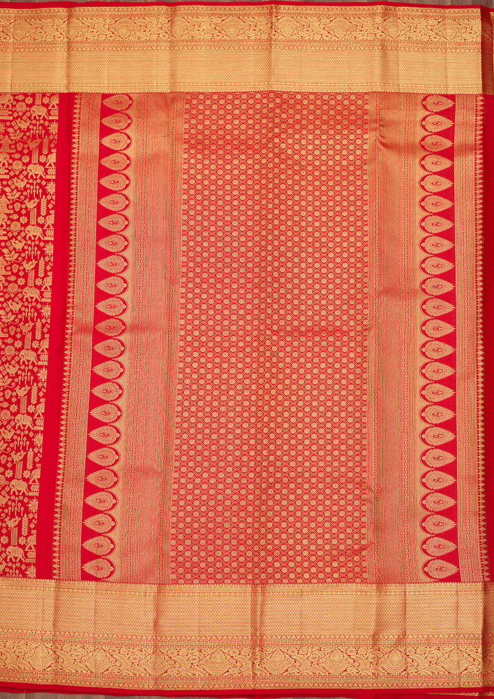 Red Silk Jaal Saree With Matching Blouse Piece