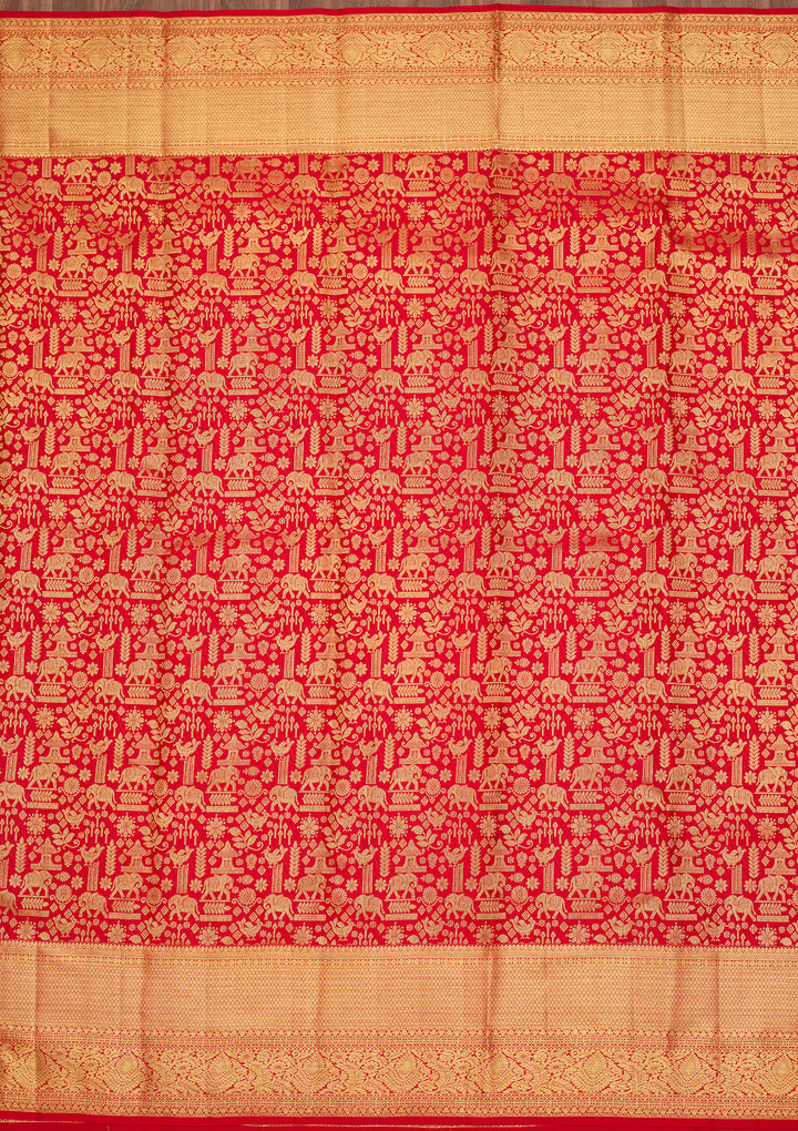 Red Silk Jaal Saree With Matching Blouse Piece