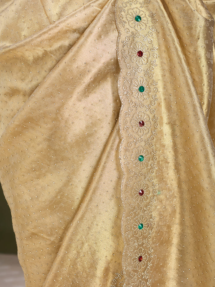 Gold Organza Silver Stonework Saree With Matching Blouse Piece