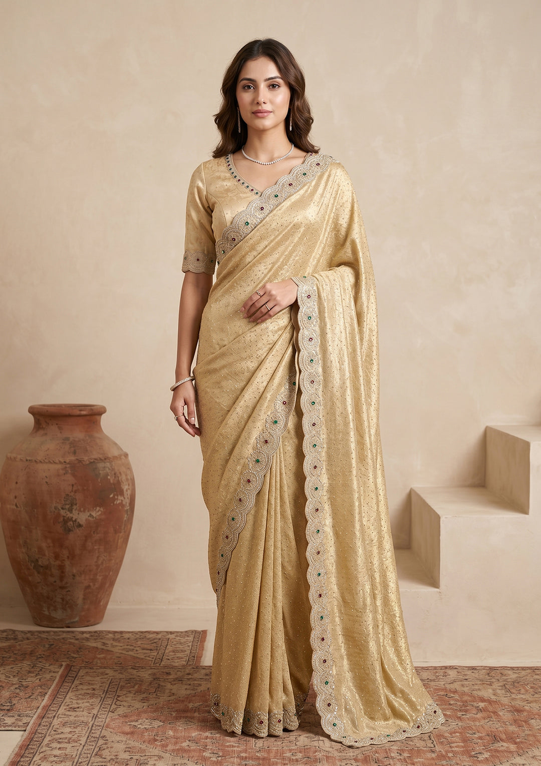 Gold Organza Silver Stonework Saree With Matching Blouse Piece