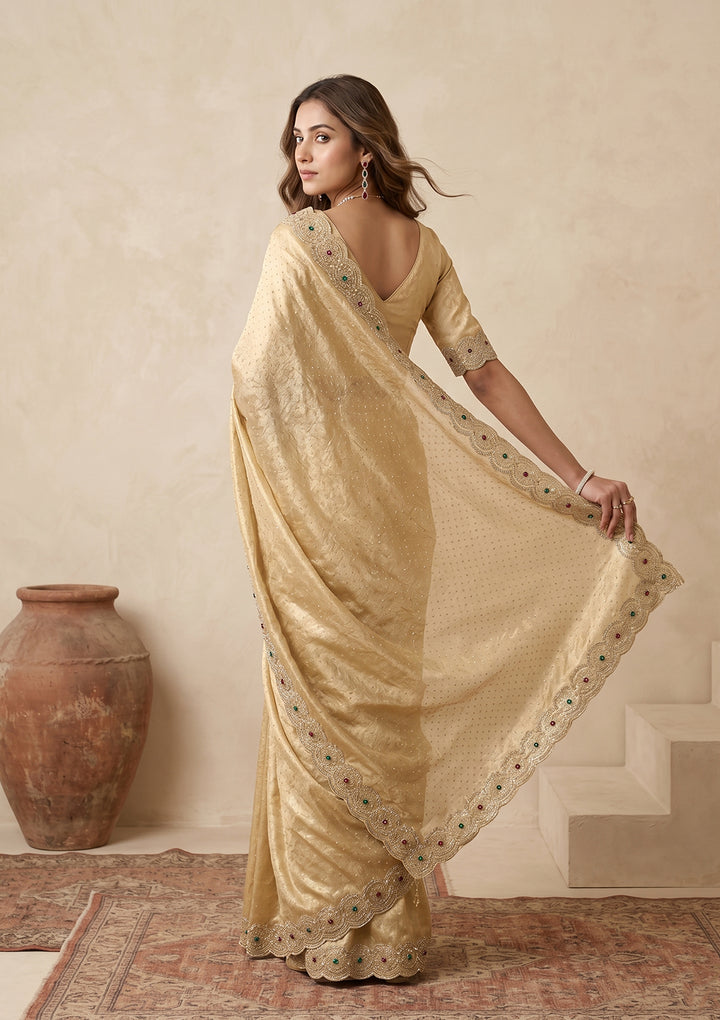 Gold Organza Silver Stonework Saree With Matching Blouse Piece