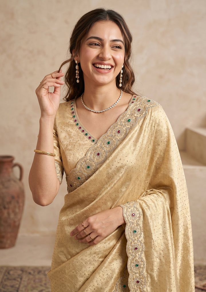 Gold Organza Silver Stonework Saree With Matching Blouse Piece